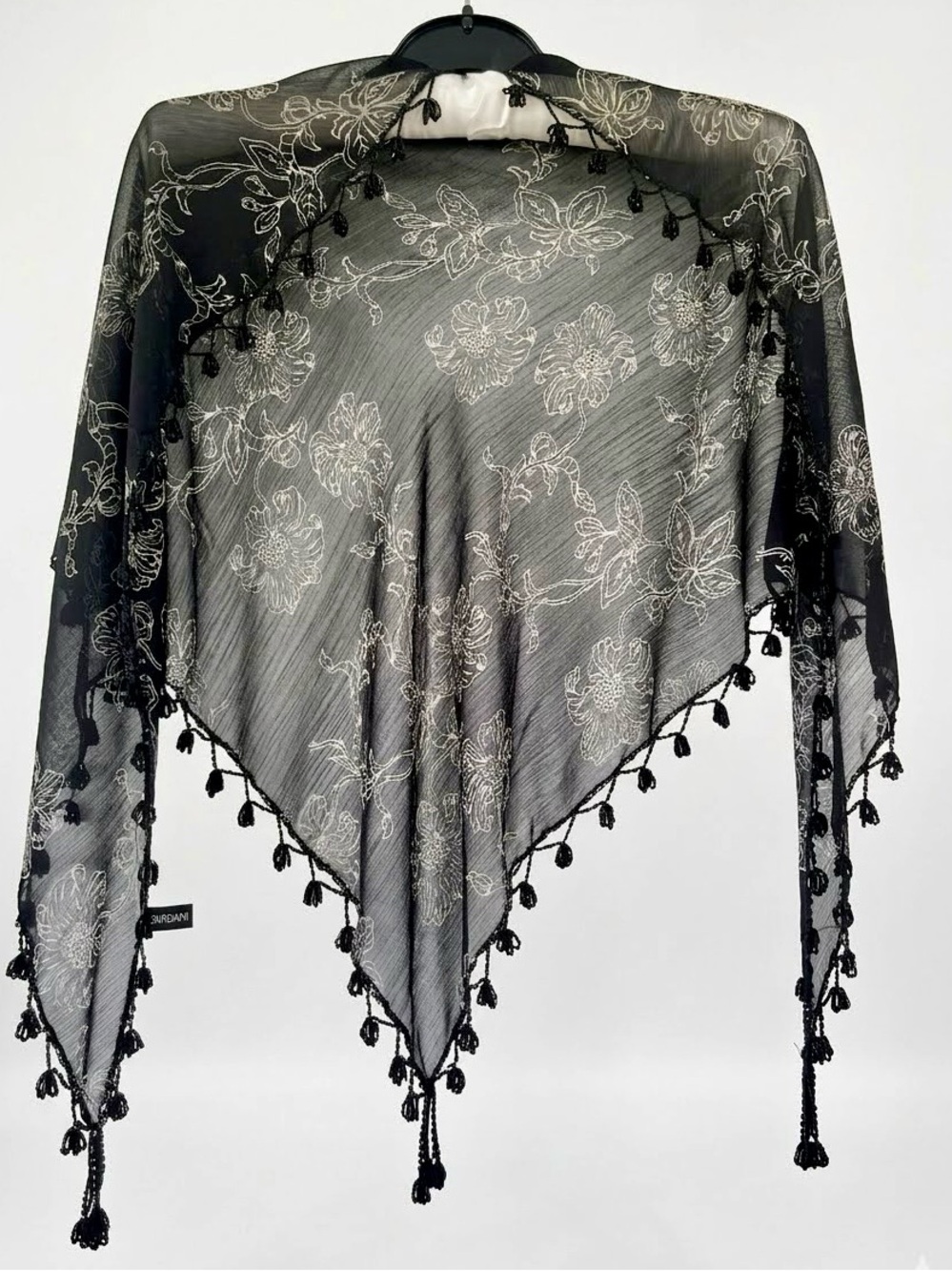 Banjara Beaded Triangle Scarf – Black/Ivory Floral Rayon Wrap (NWOT)